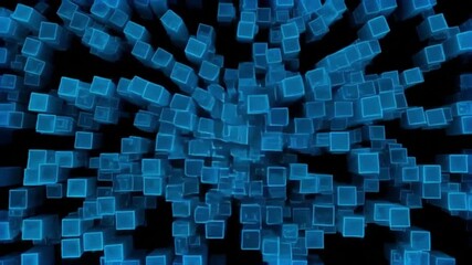Dynamic abstract background featuring an expansive array of glowing blue translucent cubes, symbolizing a complex data network or a futuristic digital information flow