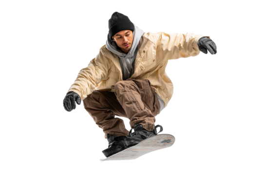 Young man jumping on a snowboard, isolated on transparent background