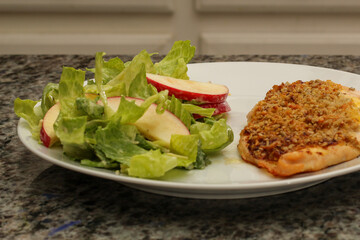 Plated Meal of Chicken Cutlet and Lettuce Salad with Apple