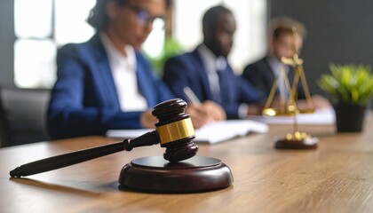 Close-up of a wooden judge's hammer resting on a court desk, with a writing lawyer in the blurry background