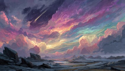 Colorful sky over rocky landscape with shooting star