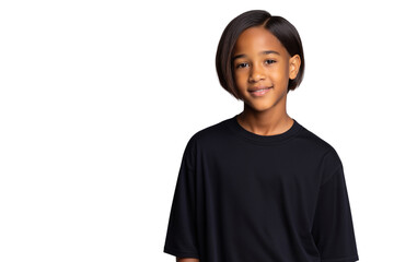 Smiling young boy with a stylish haircut, wearing a black t-shirt and looking at the camera against a transparent background