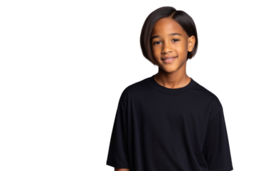Smiling young boy with a stylish haircut, wearing a black t-shirt and looking at the camera against a transparent background