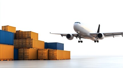Airplane landing amidst cargo containers at freight terminal industrial setting with a clear sky captured from an angle to highlight logistics