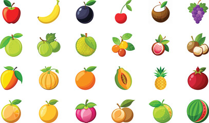 Assortment of colorful cartoon fruits with green leaves on white background apple