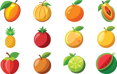 Assortment of twelve colorful cartoon fruits and slices on white mango melon