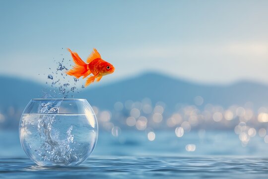 Vibrant goldfish leaps from glass bowl, water droplets suspended in mid-air against soft blue gradient. Concept for ambition, breaking free, new beginnings