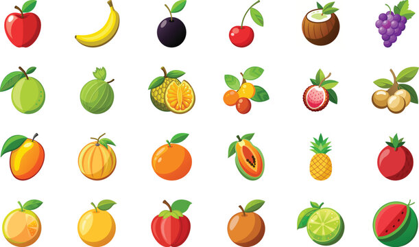 Collection of twenty colorful cartoon fruits on white background apple banana