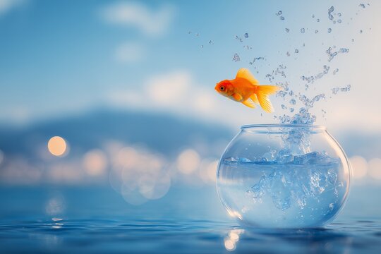 Vibrant goldfish leaps from its glass bowl in a splash against a blurred background. Concept for freedom visualization, personal development, and breaking limitations