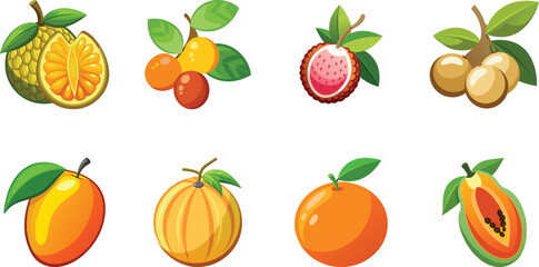 Collection of eight colorful tropical fruits with leaves on white background jackfruit