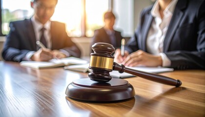 Close-up of a wooden judge's hammer resting on a court desk, with a writing lawyer in the blurry background