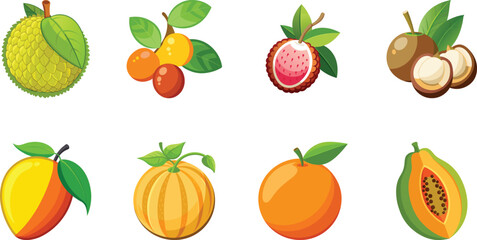 Collection of eight colorful tropical and exotic fruits with leaves jackfruit lychee