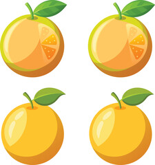 Four cartoon pomelos with green leaves on white background citrus fruit