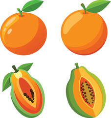Two whole oranges and two halves of papaya on white background fruit half