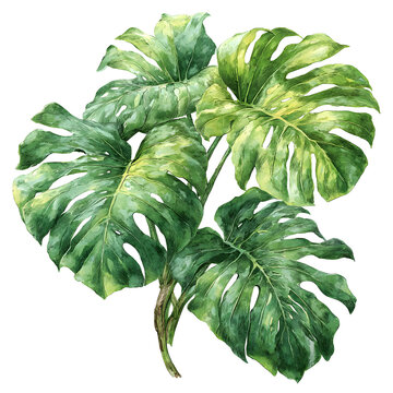 Watercolor Monstera Deliciosa Leaves on Black Background, Tropical Illustration