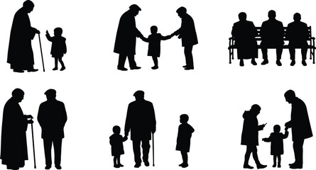 Silhouette of grandparents with grandchildren, elderly people sitting on bench, family love, generation connection, vector illustration of senior care
