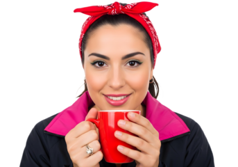 Woman with red bandana holding a red coffee mug on transparent background