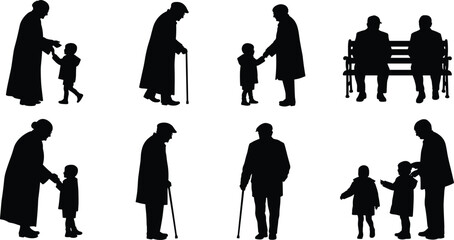 Silhouette of grandparents with children, elderly people with cane, family bonding, generations together, vector illustration of love and care