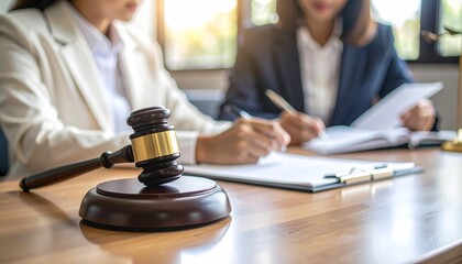 Close-up of a wooden judge's hammer resting on a court desk, with a writing lawyer in the blurry background