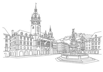 Obraz premium Graz Main Square (Hauptplatz) in Austria one line drawing style 