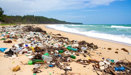 Polluted Beach: A stark reminder of plastic waste's impact on coastal ecosystems