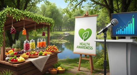 A vibrant outdoor event dedicated to health awareness, featuring a fresh food market and an educational presentation on wellness