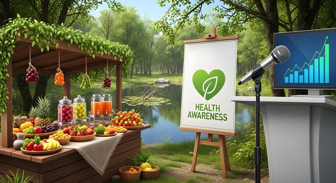A vibrant outdoor event dedicated to health awareness, featuring a fresh food market and an educational presentation on wellness - Powered by Adobe