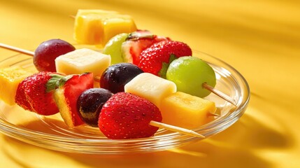 Fruit skewers on a plate with yellow background