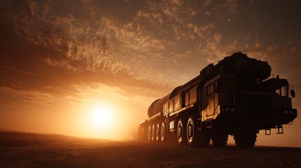 Fototapeta premium Military vehicle sunset desert landscape