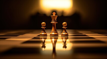 Three chess pieces on a chessboard with a warm, golden hue and a blurred background