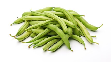 Fototapeta premium A pile of fresh green beans on a white background.