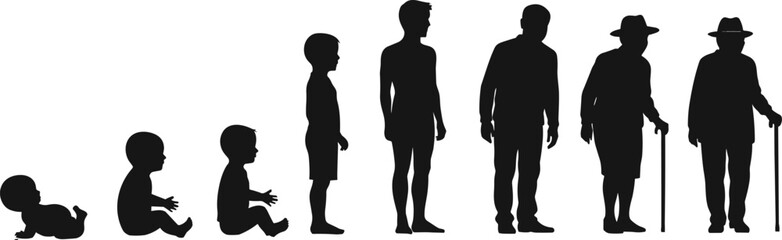Silhouette of human growth stages from baby to elderly, aging process, people evolution, family generation, life cycle illustration vector