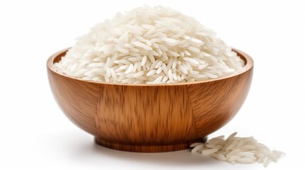 A pile of white rice in a wooden bowl on a white background.