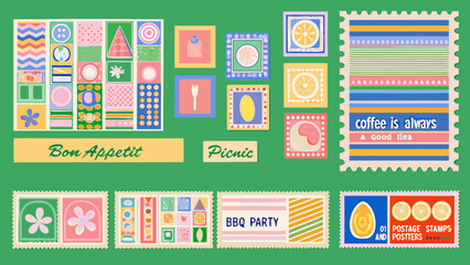 Collection of colorful postage stamps and decorative elements for a picnic or bbq