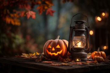 Glowing jack-o'-lantern and vintage lantern adorn a rustic wooden surface with autumn leaves scattered around. Concept for festive holiday celebration, seasonal decorations, and warm fall atmosphere