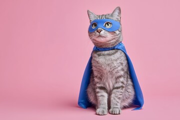 Gray tabby cat wearing a blue superhero mask and cape on a pink background, concept for pet costumes, kids party invitations and comic book illustrations
