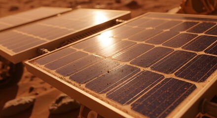 Dust-covered solar arrays gleam under extraterrestrial light, capturing essential energy for robotic missions on a distant planet, showcasing the resilience of renewable technology
