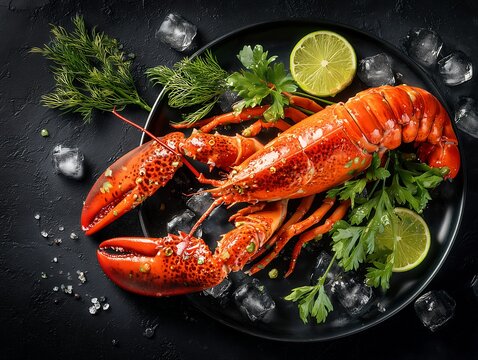Cooked red lobster served on black plate with ice cubes, dill, parsley and lime slices, concept for seafood restaurant menu, gourmet food photography and elegant dining experience