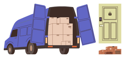 Back of a delivery truck packed with cardboard boxes next to a secured door and stacked parcels. Ideal for logistics, e-commerce, delivery, transportation, security, warehouse, simple flat metaphor