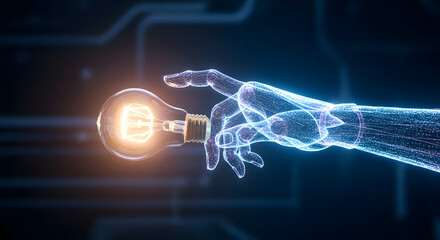 Illuminating innovative concept symbolized by virtual hand holding a luminous lightbulb against digital backdrop, representing futuristic insights and technological breakthroughs showcasing