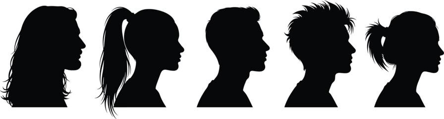 Silhouette of man and woman head profiles, long hair, ponytail, spiky hair, side view, hairstyle vector illustration, people design