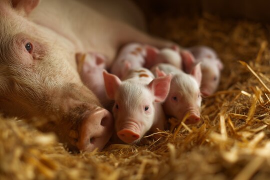 Close up of a sow pig lying down with her newborn piglets in a straw filled pen. Concept for farm animal welfare, sustainable agriculture and rural livestock production - Powered by Adobe