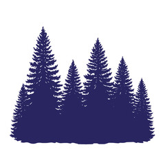 Obraz premium Silhouetted forest of pine trees in deep blue against a plain white background