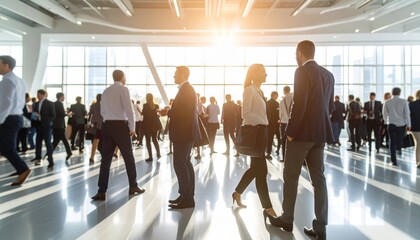 A vibrant networking event with business professionals engaging in conversation, blurred figures creating a sense of motion and activity