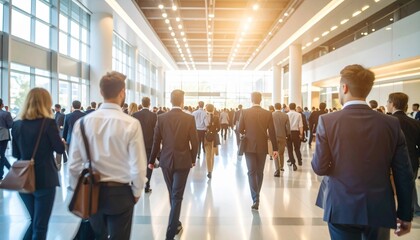 A vibrant networking event with business professionals engaging in conversation, blurred figures creating a sense of motion and activity