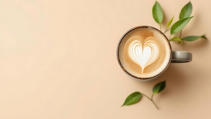 Fototapeta premium Top view of cappuccino cup with heart shaped latte art and green leaves on light background. Minimalist design with copy space, perfect for coffee shop branding