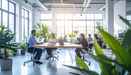 Team of business professionals is having a productive meeting in a modern office filled with natural light and lush green plants, fostering a positive and eco-conscious work environment 