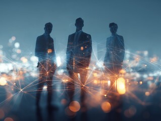 Silhouetted figures of business people stand against a backdrop of a blurred cityscape network. Concept for corporate partnership, technological innovation and global connectivity