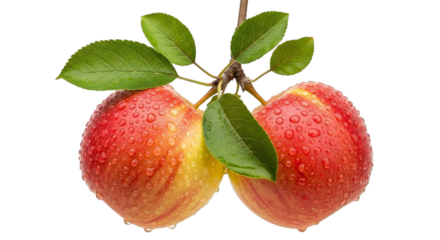 Two ripe apples on a branch, glistening with fresh dew, ideal for healthy eating ads and vibrant autumn themes, a symbol of crisp flavor