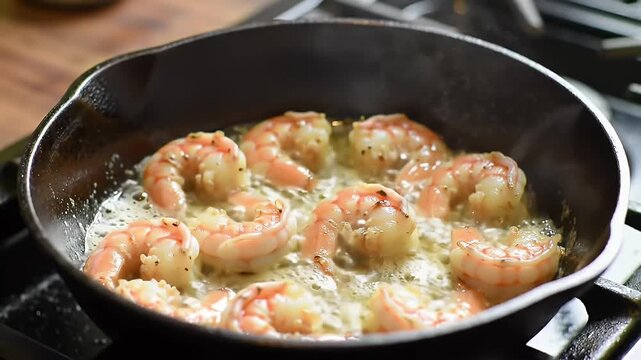 Close Up of Pink Shrimp Sizzling in Melted Butter and Oil in Black Skillet for Culinary Preparation in Eye Level Perfect for Food Content Ads and Promotion This Crustacean Seafood